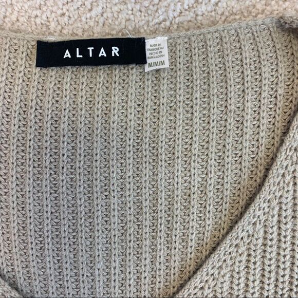Altar beige tan brown tie-sleeve oversized long V-neck sweater size medium - Picture 7 of 13